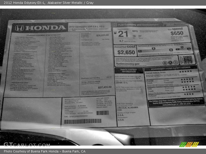 Alabaster Silver Metallic / Gray 2012 Honda Odyssey EX-L