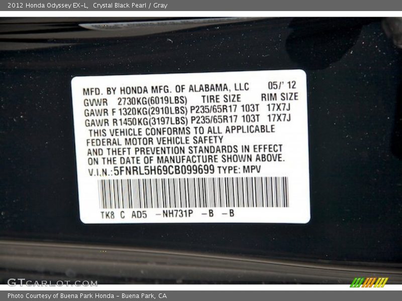 Crystal Black Pearl / Gray 2012 Honda Odyssey EX-L