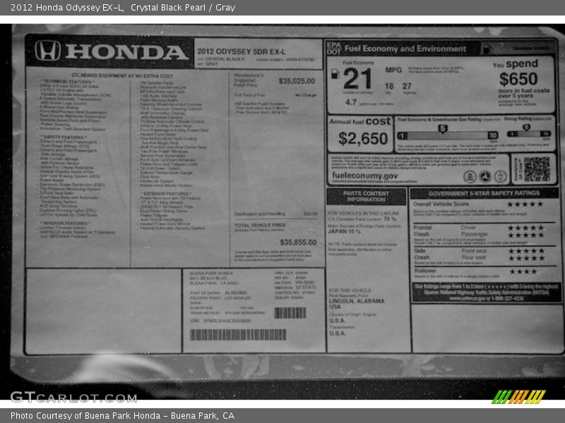 Crystal Black Pearl / Gray 2012 Honda Odyssey EX-L