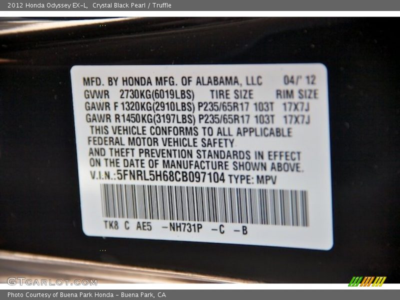 Crystal Black Pearl / Truffle 2012 Honda Odyssey EX-L