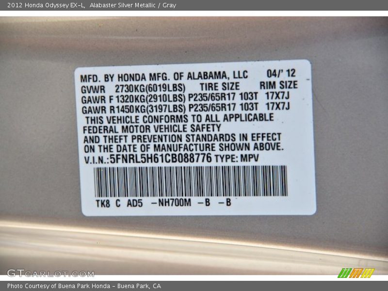 Alabaster Silver Metallic / Gray 2012 Honda Odyssey EX-L