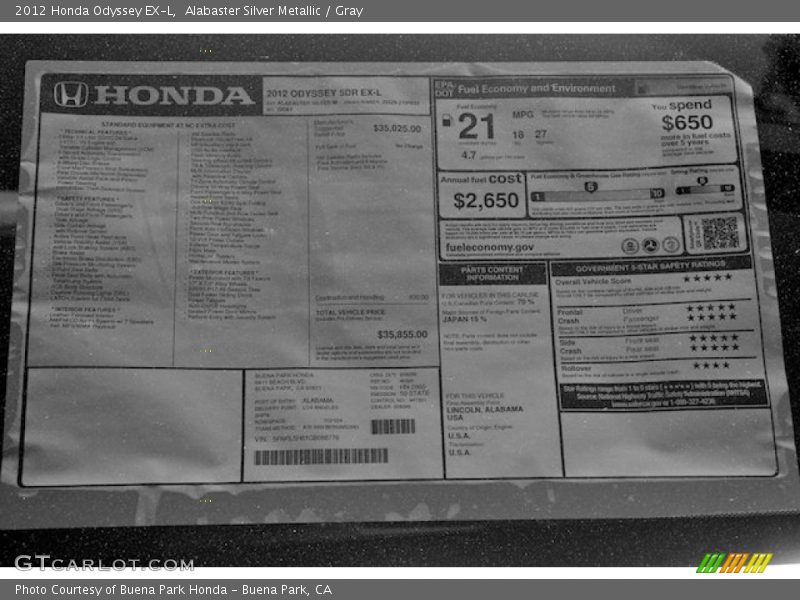 Alabaster Silver Metallic / Gray 2012 Honda Odyssey EX-L