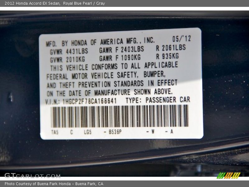 Royal Blue Pearl / Gray 2012 Honda Accord EX Sedan