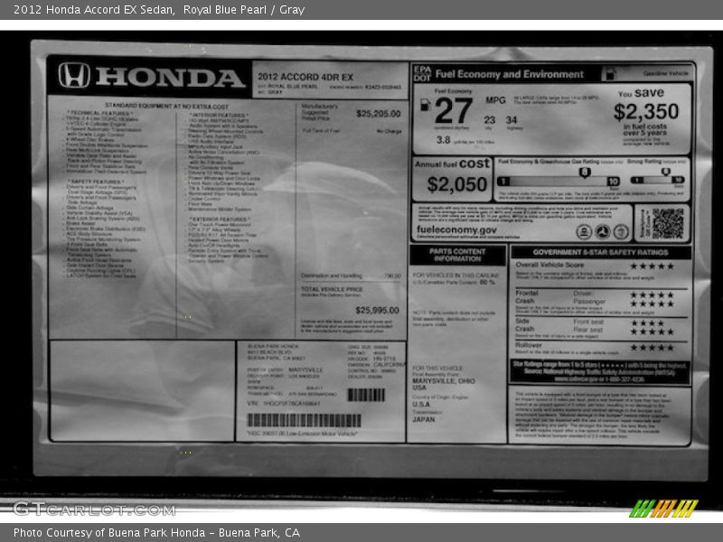 Royal Blue Pearl / Gray 2012 Honda Accord EX Sedan