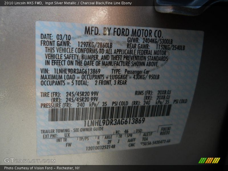 Ingot Silver Metallic / Charcoal Black/Fine Line Ebony 2010 Lincoln MKS FWD