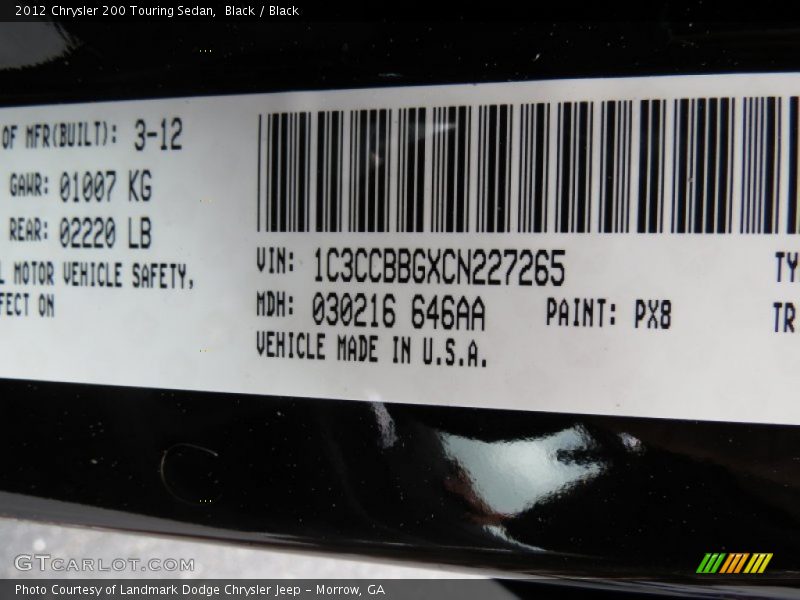 Black / Black 2012 Chrysler 200 Touring Sedan