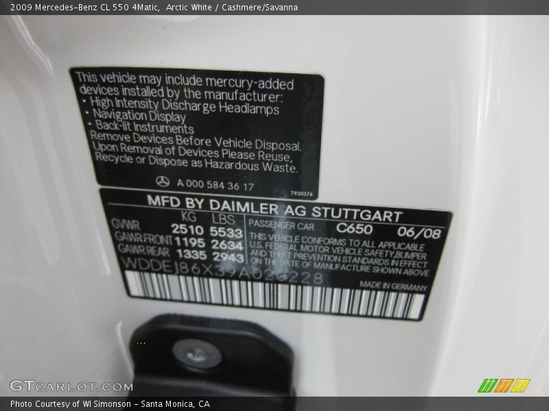 2009 CL 550 4Matic Arctic White Color Code 650