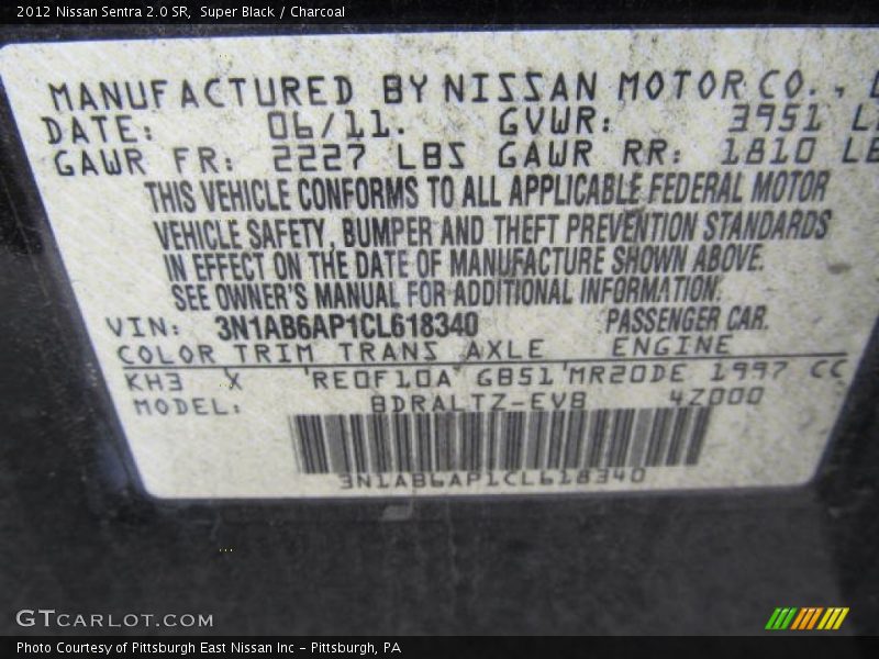 Super Black / Charcoal 2012 Nissan Sentra 2.0 SR