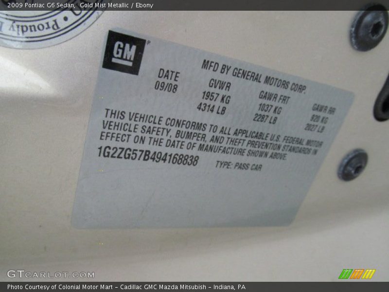 Gold Mist Metallic / Ebony 2009 Pontiac G6 Sedan