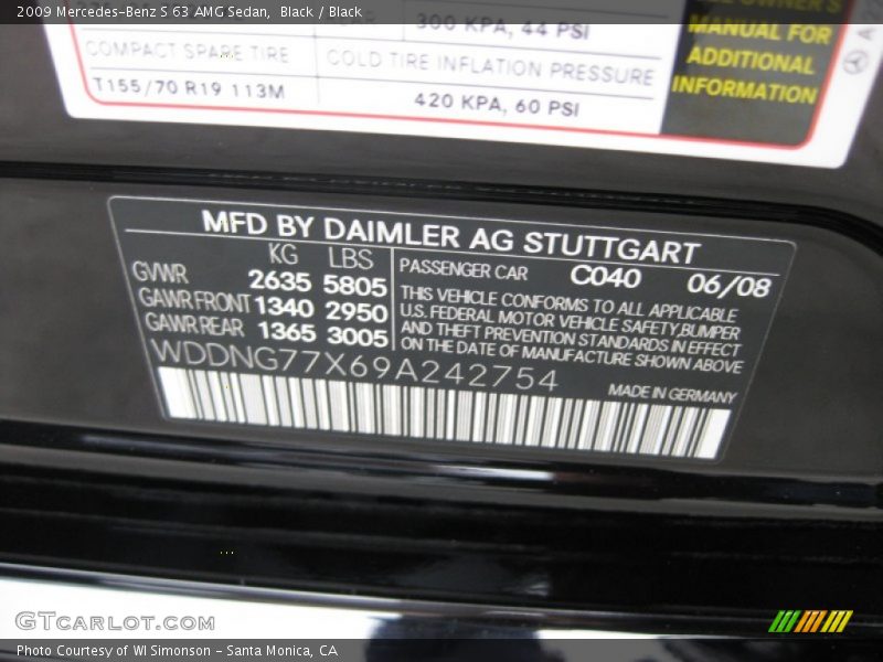 2009 S 63 AMG Sedan Black Color Code 040
