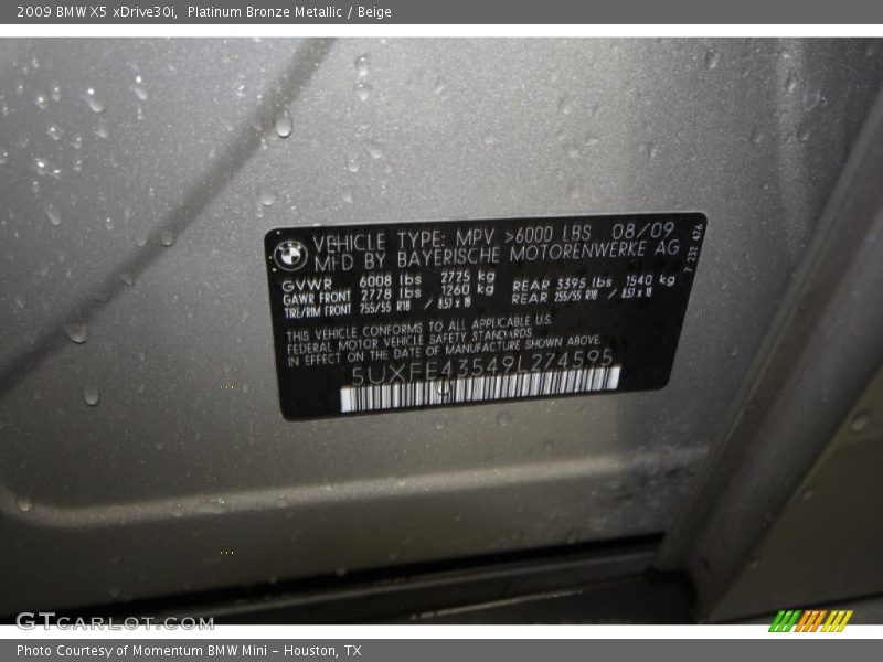 Platinum Bronze Metallic / Beige 2009 BMW X5 xDrive30i