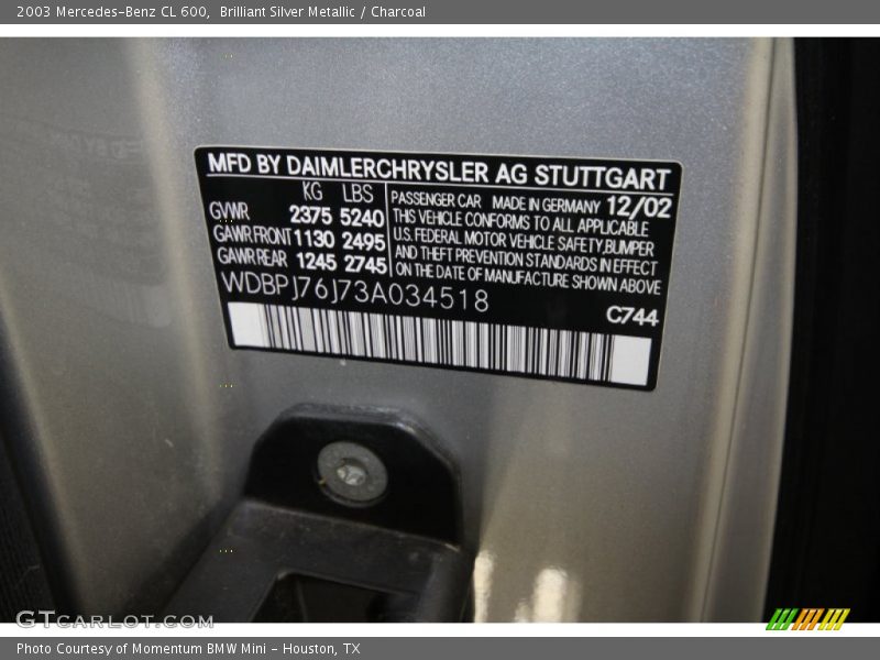 2003 CL 600 Brilliant Silver Metallic Color Code 744