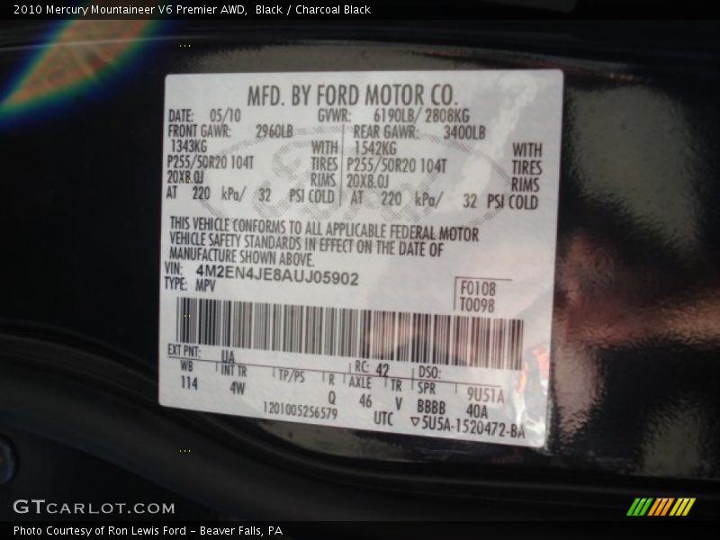 2010 Mountaineer V6 Premier AWD Black Color Code UA