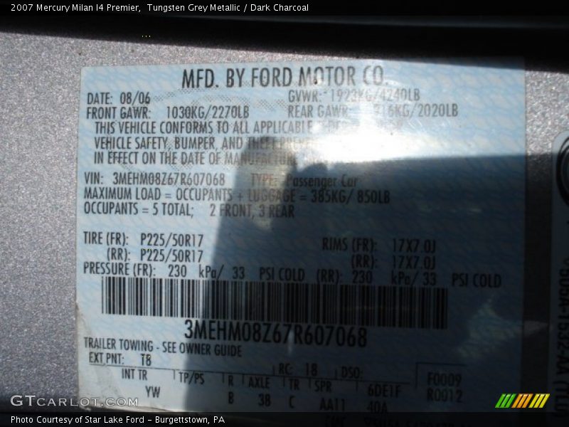 2007 Milan I4 Premier Tungsten Grey Metallic Color Code T8