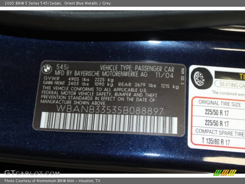 Orient Blue Metallic / Grey 2005 BMW 5 Series 545i Sedan