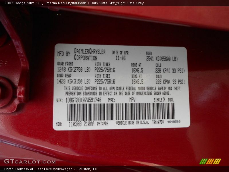2007 Nitro SXT Inferno Red Crystal Pearl Color Code PRH
