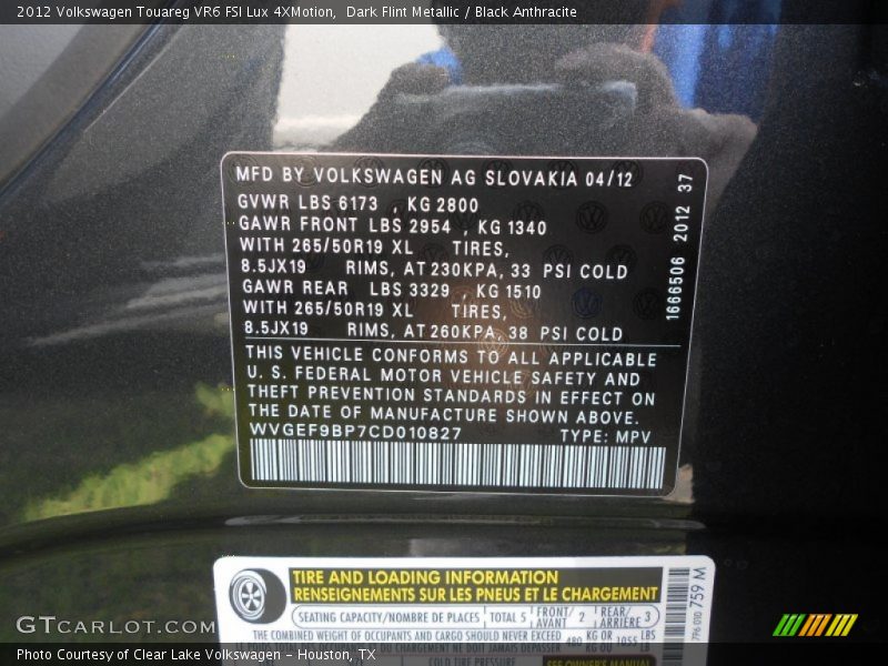 Dark Flint Metallic / Black Anthracite 2012 Volkswagen Touareg VR6 FSI Lux 4XMotion