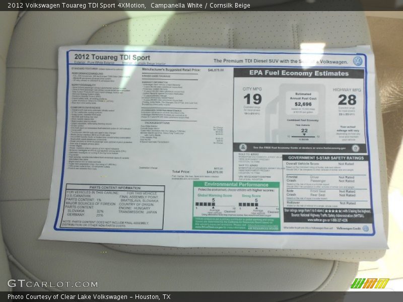  2012 Touareg TDI Sport 4XMotion Window Sticker