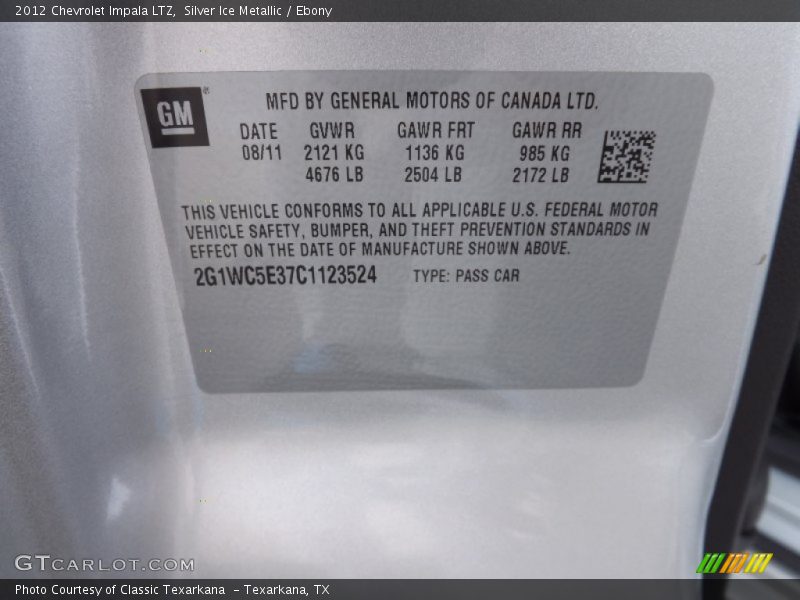 Silver Ice Metallic / Ebony 2012 Chevrolet Impala LTZ