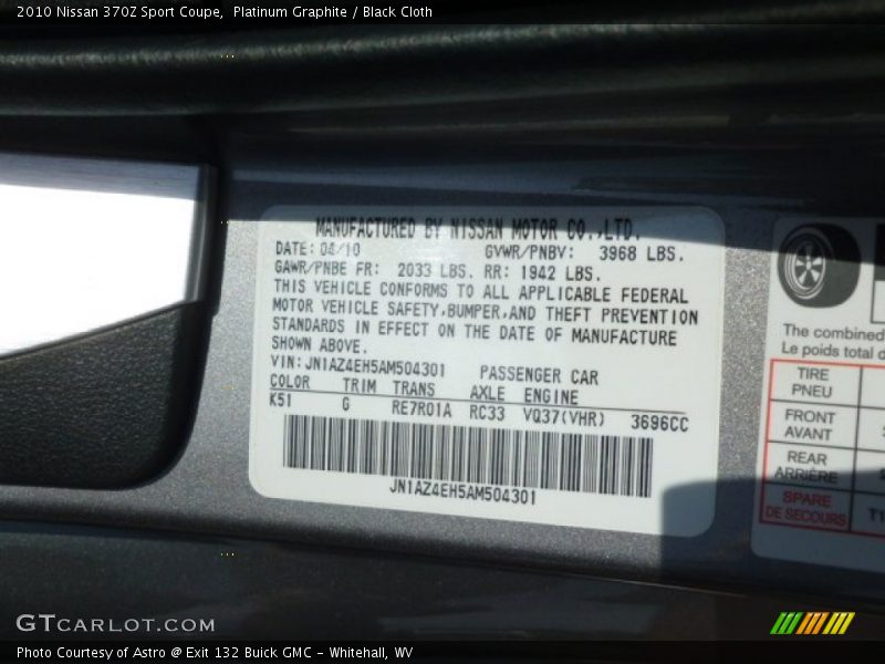Platinum Graphite / Black Cloth 2010 Nissan 370Z Sport Coupe
