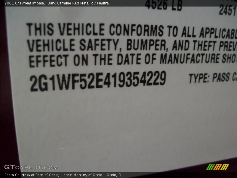 Dark Carmine Red Metallic / Neutral 2001 Chevrolet Impala