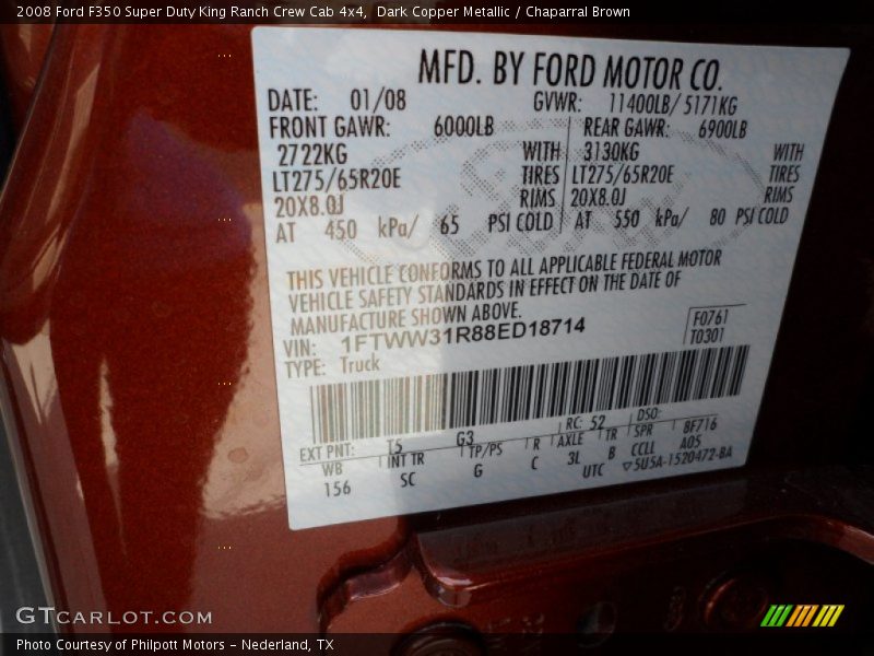 2008 F350 Super Duty King Ranch Crew Cab 4x4 Dark Copper Metallic Color Code T5