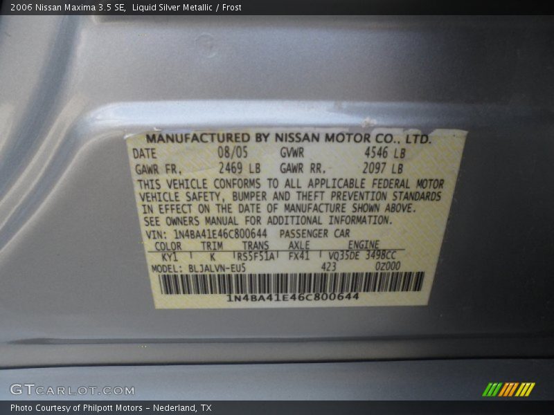 Liquid Silver Metallic / Frost 2006 Nissan Maxima 3.5 SE