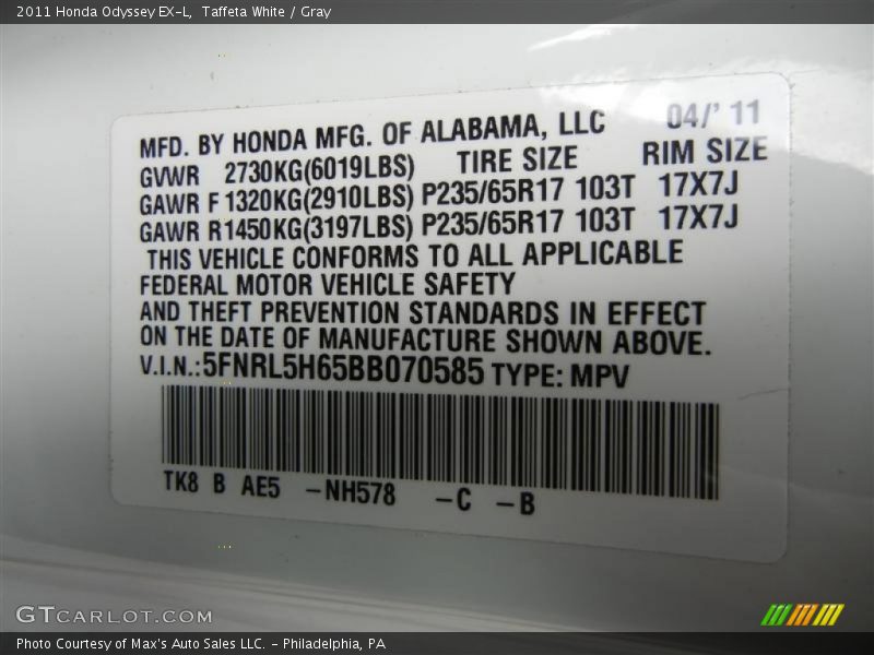 Taffeta White / Gray 2011 Honda Odyssey EX-L