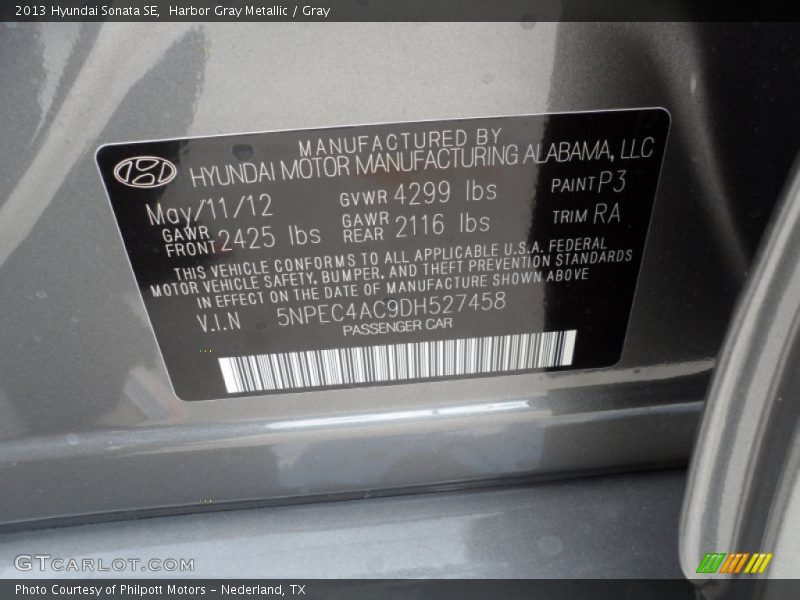 Harbor Gray Metallic / Gray 2013 Hyundai Sonata SE