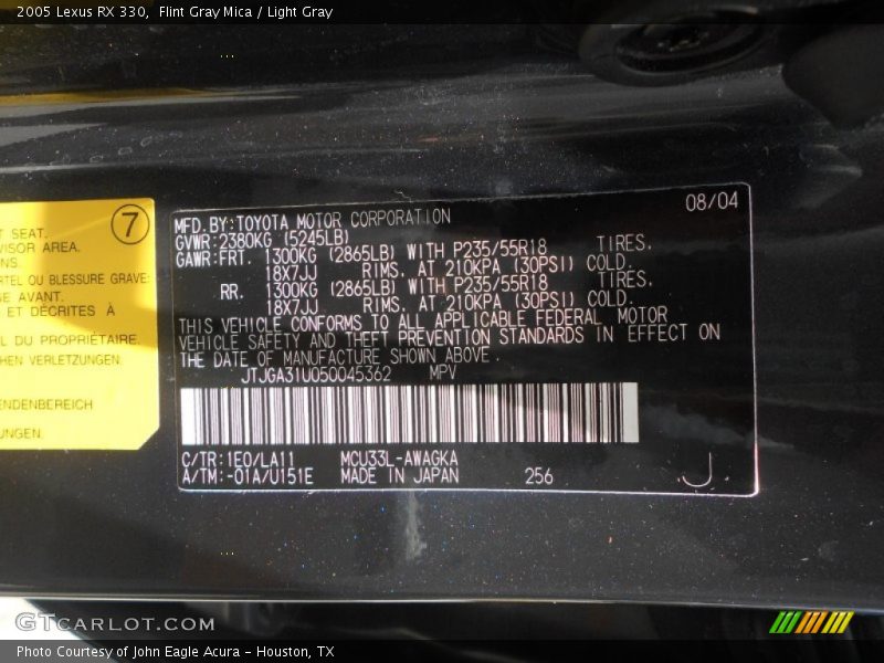 2005 RX 330 Flint Gray Mica Color Code 1E0