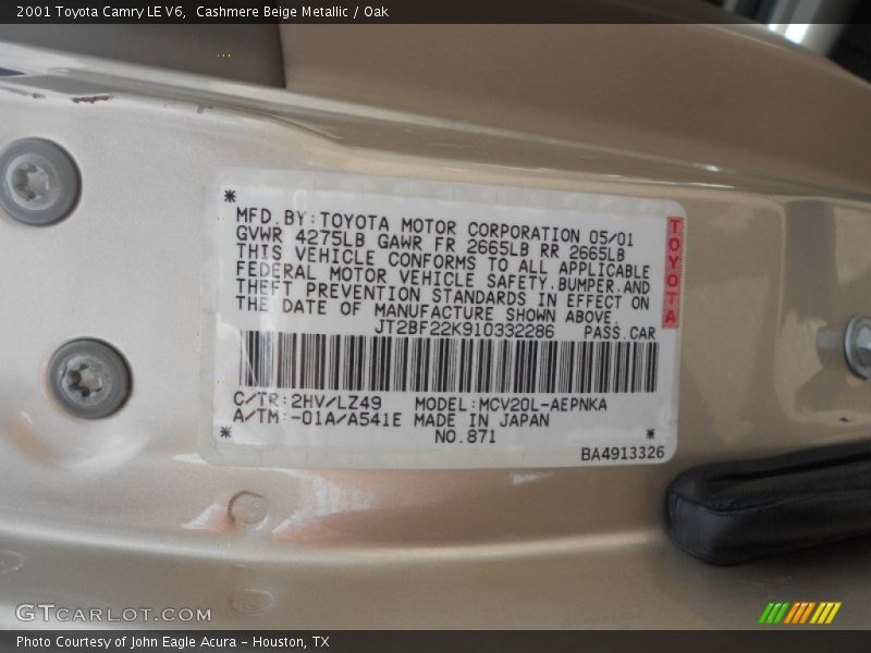 2001 Camry LE V6 Cashmere Beige Metallic Color Code 2HV