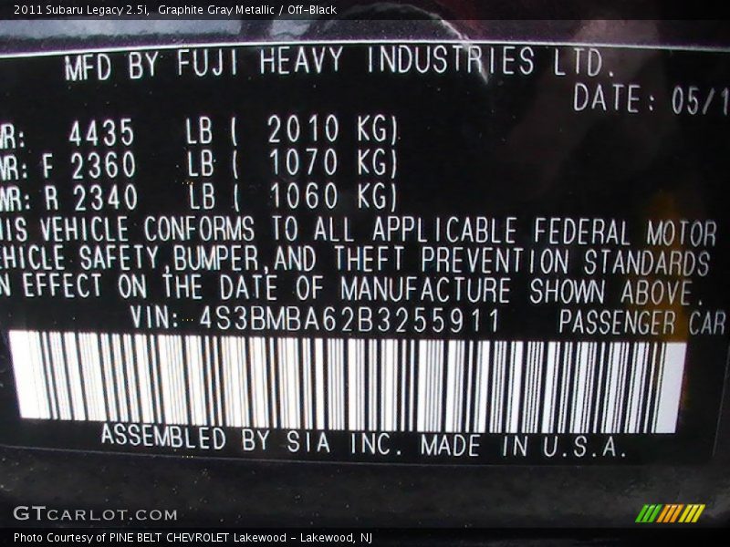 Graphite Gray Metallic / Off-Black 2011 Subaru Legacy 2.5i