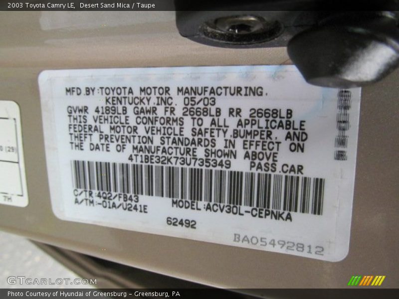 Desert Sand Mica / Taupe 2003 Toyota Camry LE
