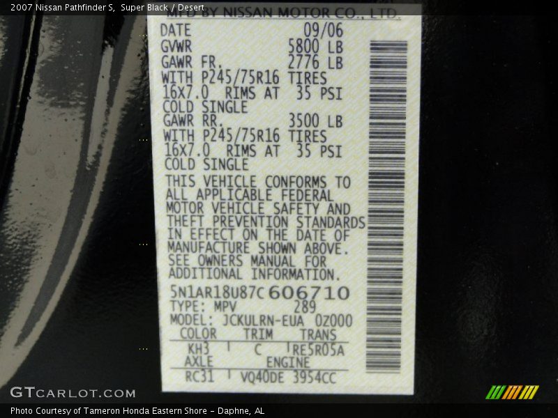 2007 Pathfinder S Super Black Color Code KH3