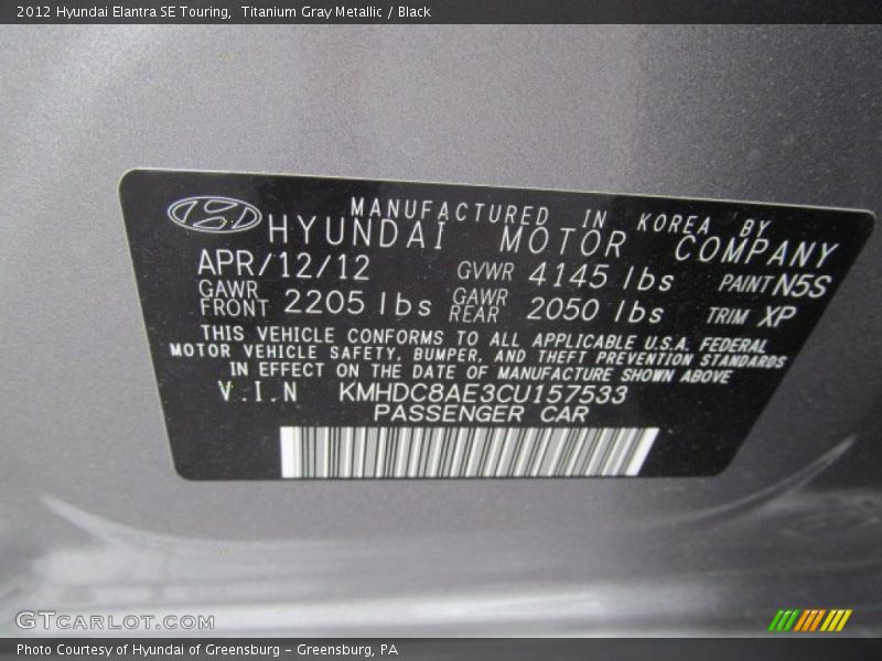 2012 Elantra SE Touring Titanium Gray Metallic Color Code N5S