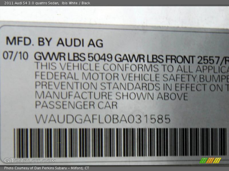 Info Tag of 2011 S4 3.0 quattro Sedan