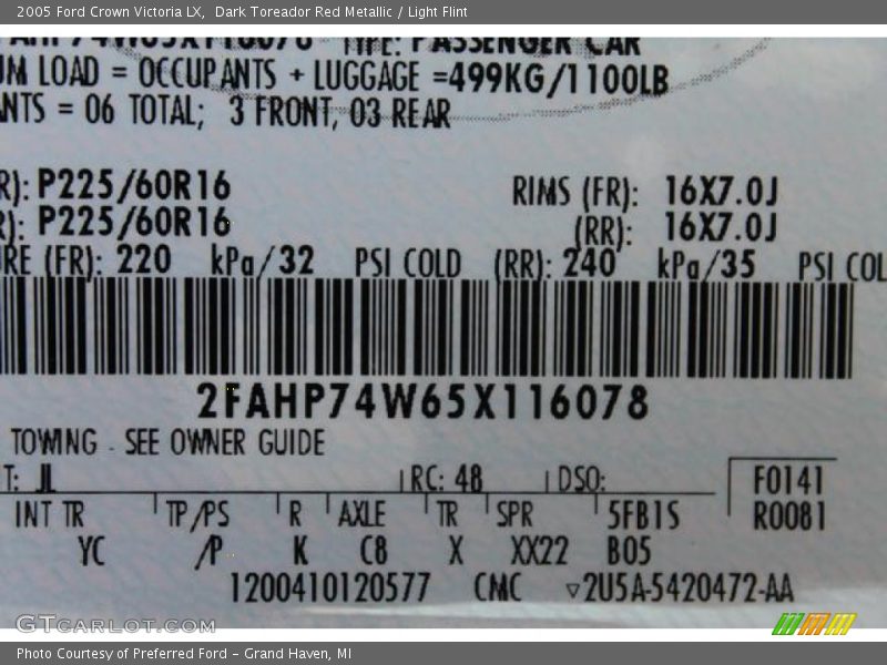 2005 Crown Victoria LX Dark Toreador Red Metallic Color Code JL