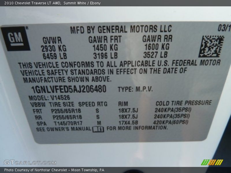 Summit White / Ebony 2010 Chevrolet Traverse LT AWD