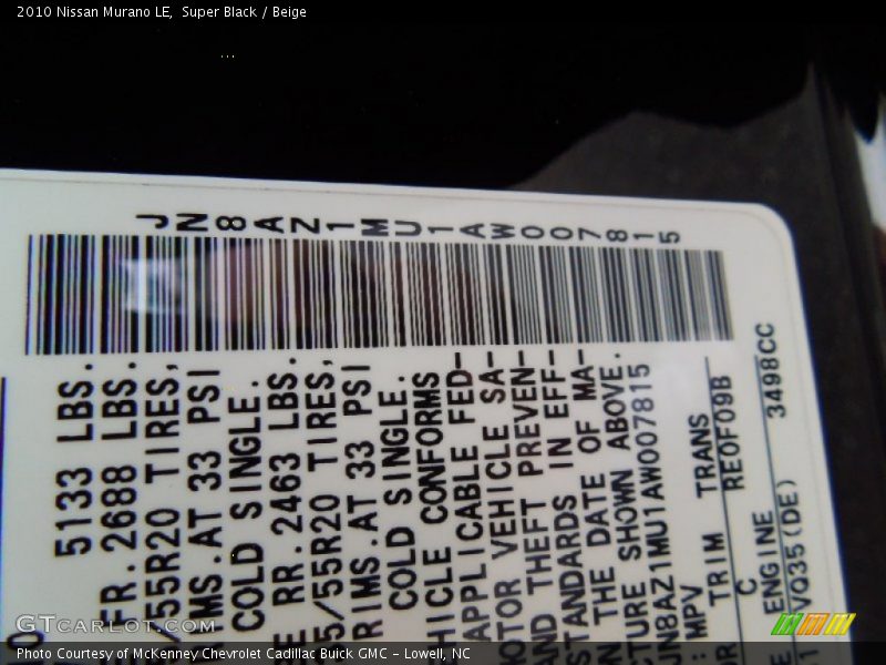 Super Black / Beige 2010 Nissan Murano LE