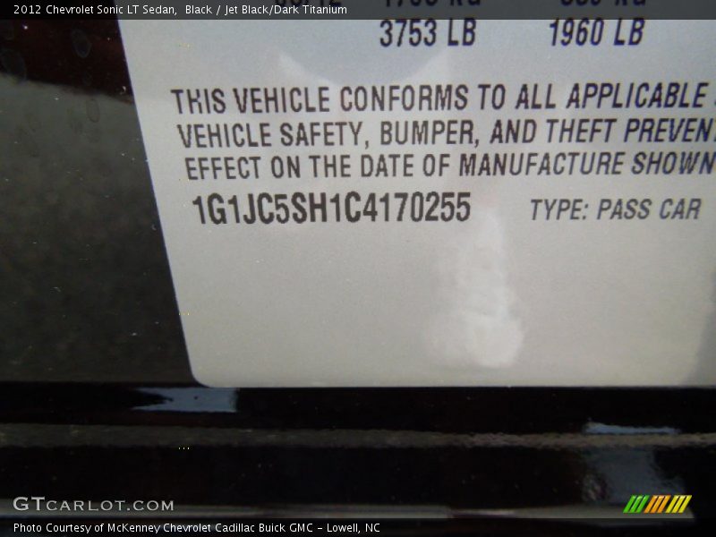 Black / Jet Black/Dark Titanium 2012 Chevrolet Sonic LT Sedan