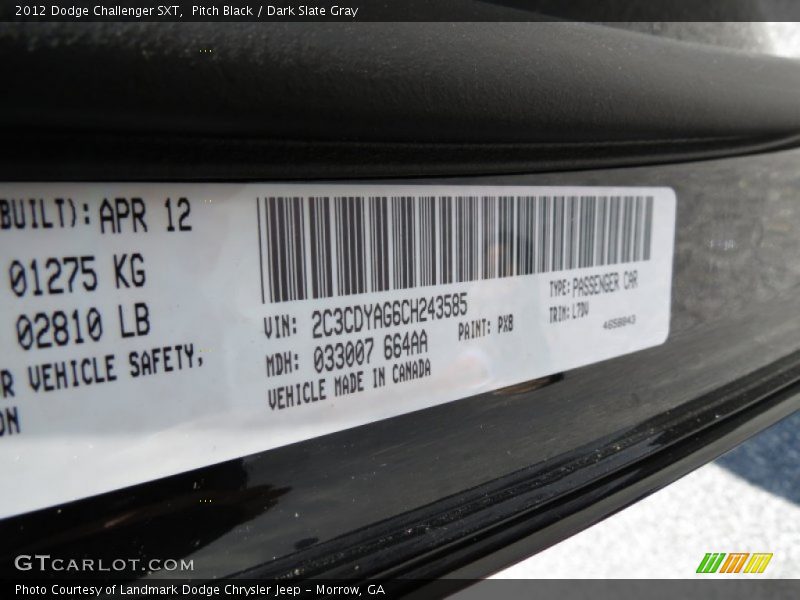 Pitch Black / Dark Slate Gray 2012 Dodge Challenger SXT