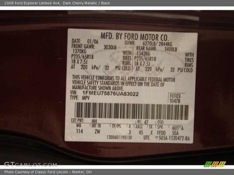 2006 Explorer Limited 4x4 Dark Cherry Metallic Color Code HH