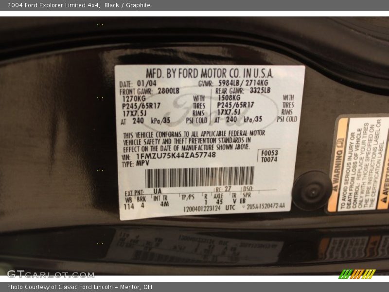 2004 Explorer Limited 4x4 Black Color Code UA