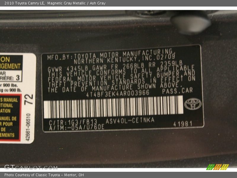 2010 Camry LE Magnetic Gray Metallic Color Code 1G3