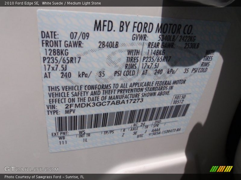 White Suede / Medium Light Stone 2010 Ford Edge SE