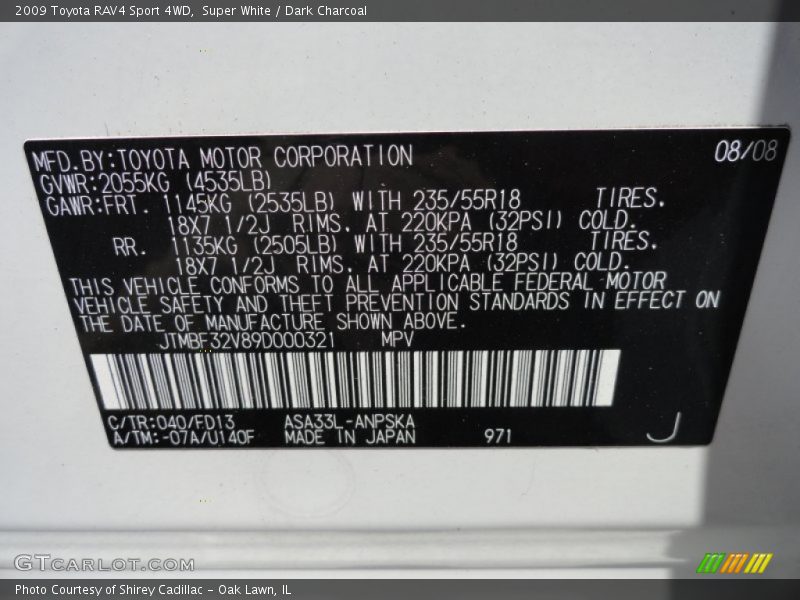 Super White / Dark Charcoal 2009 Toyota RAV4 Sport 4WD