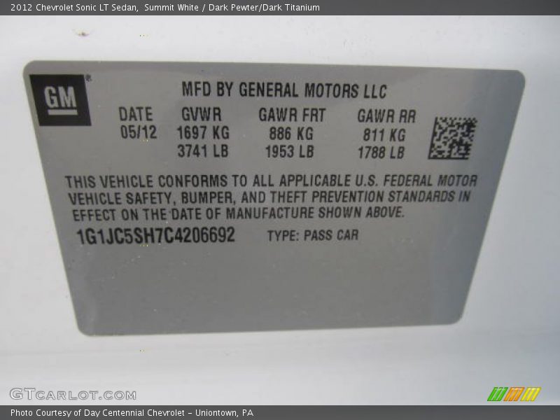 Summit White / Dark Pewter/Dark Titanium 2012 Chevrolet Sonic LT Sedan