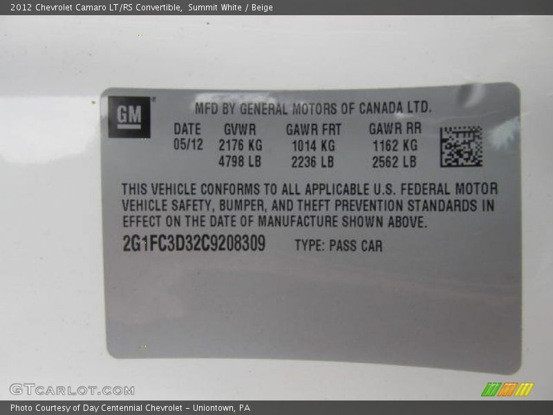 Summit White / Beige 2012 Chevrolet Camaro LT/RS Convertible