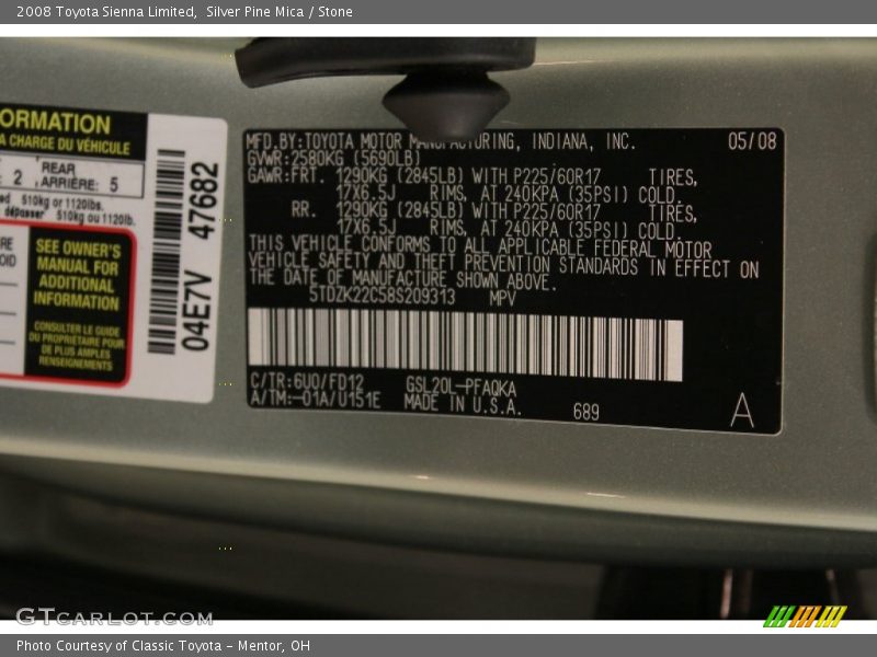 Silver Pine Mica / Stone 2008 Toyota Sienna Limited