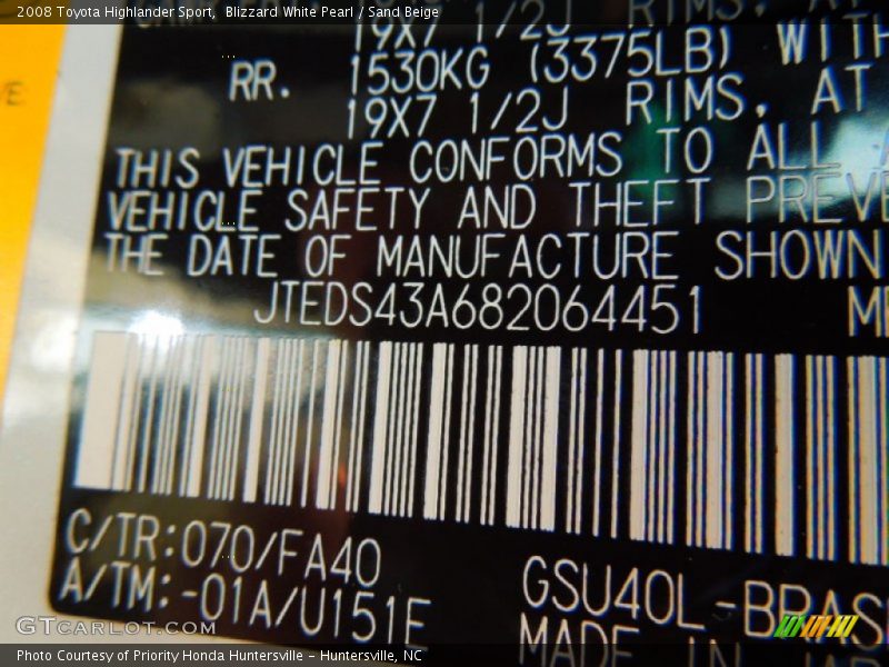 Blizzard White Pearl / Sand Beige 2008 Toyota Highlander Sport